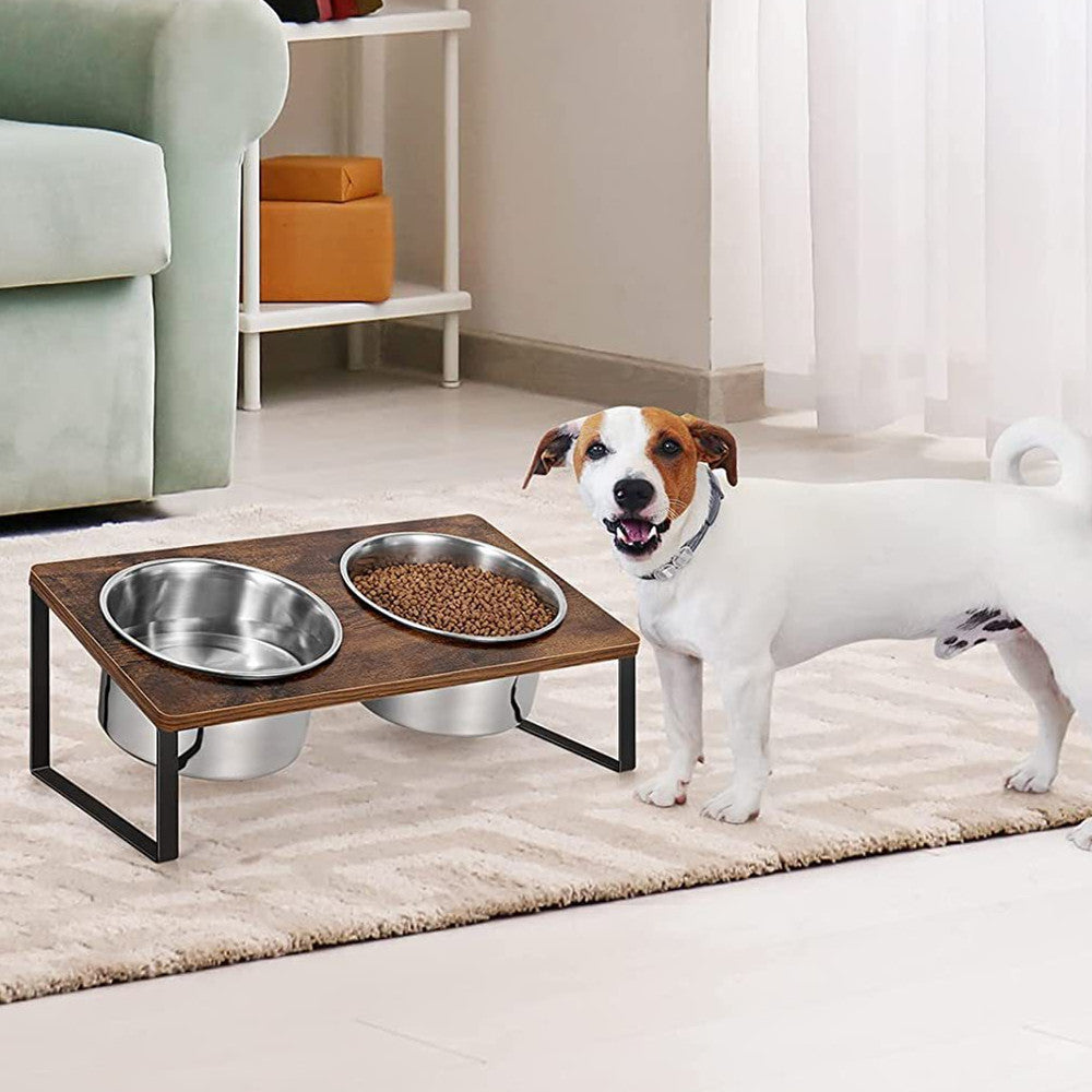 Iron Wood Pet Feeding Rack With Integrated Bowl Stand Set