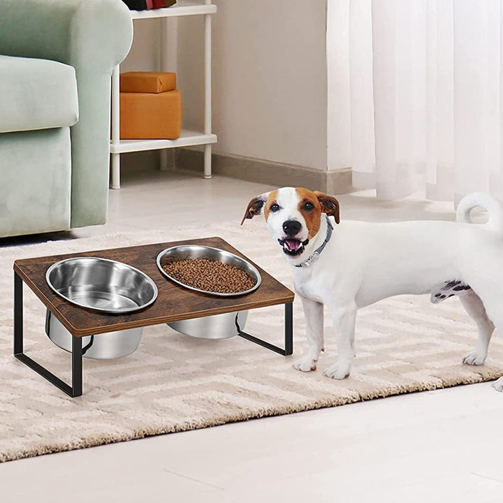 Iron Wood Pet Feeding Rack With Integrated Bowl Stand Set