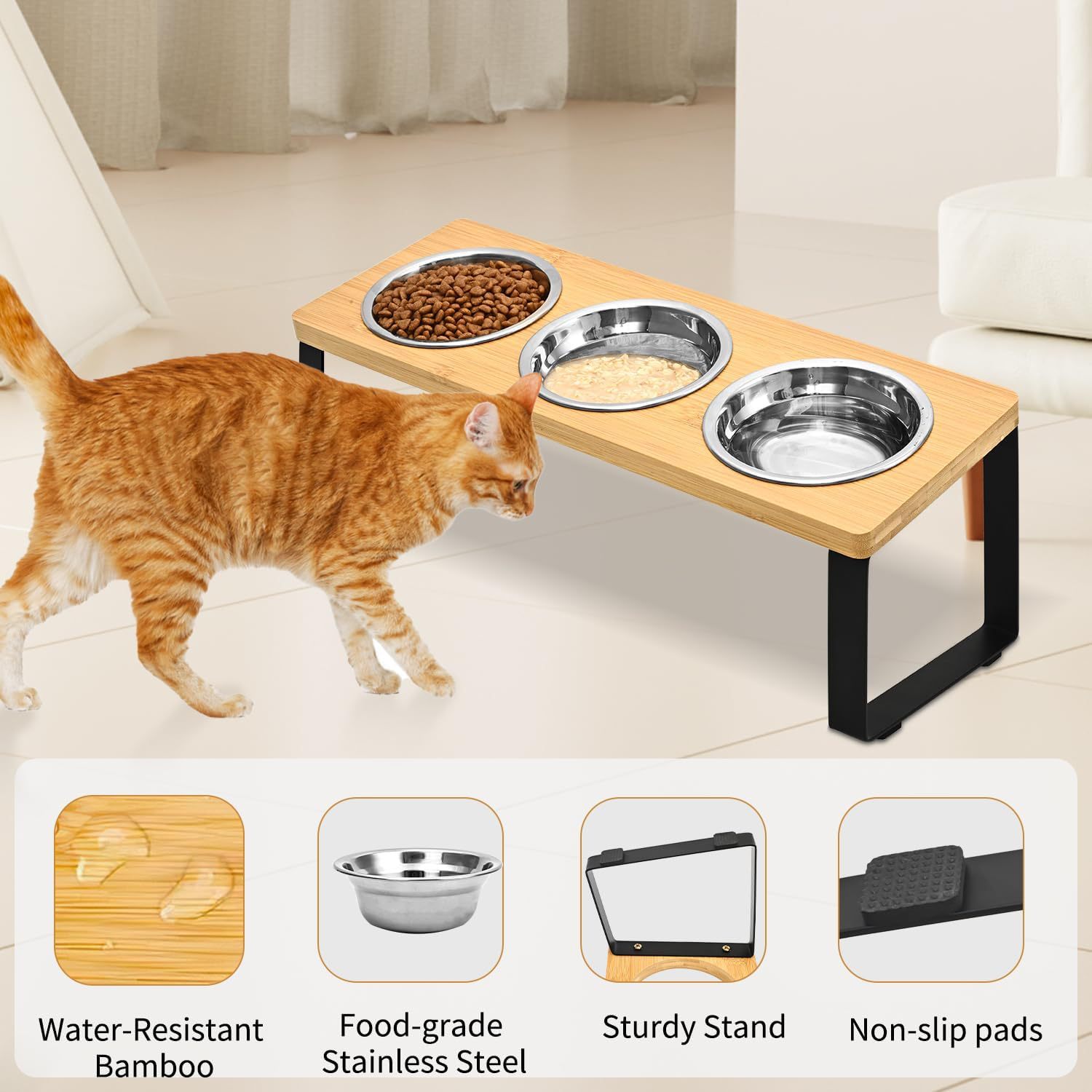 Iron Wood Pet Feeding Rack With Integrated Bowl Stand Set