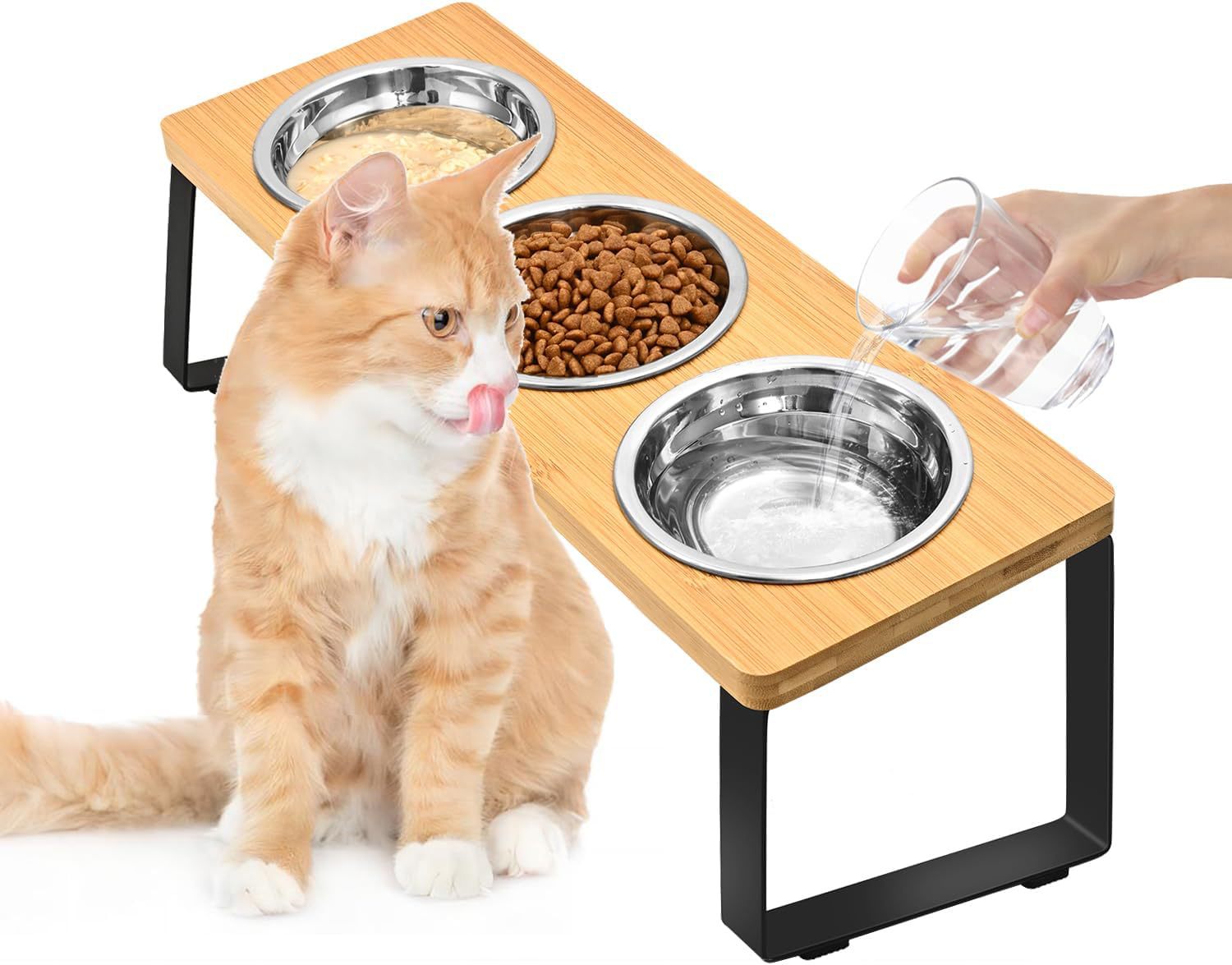 Iron Wood Pet Feeding Rack With Integrated Bowl Stand Set