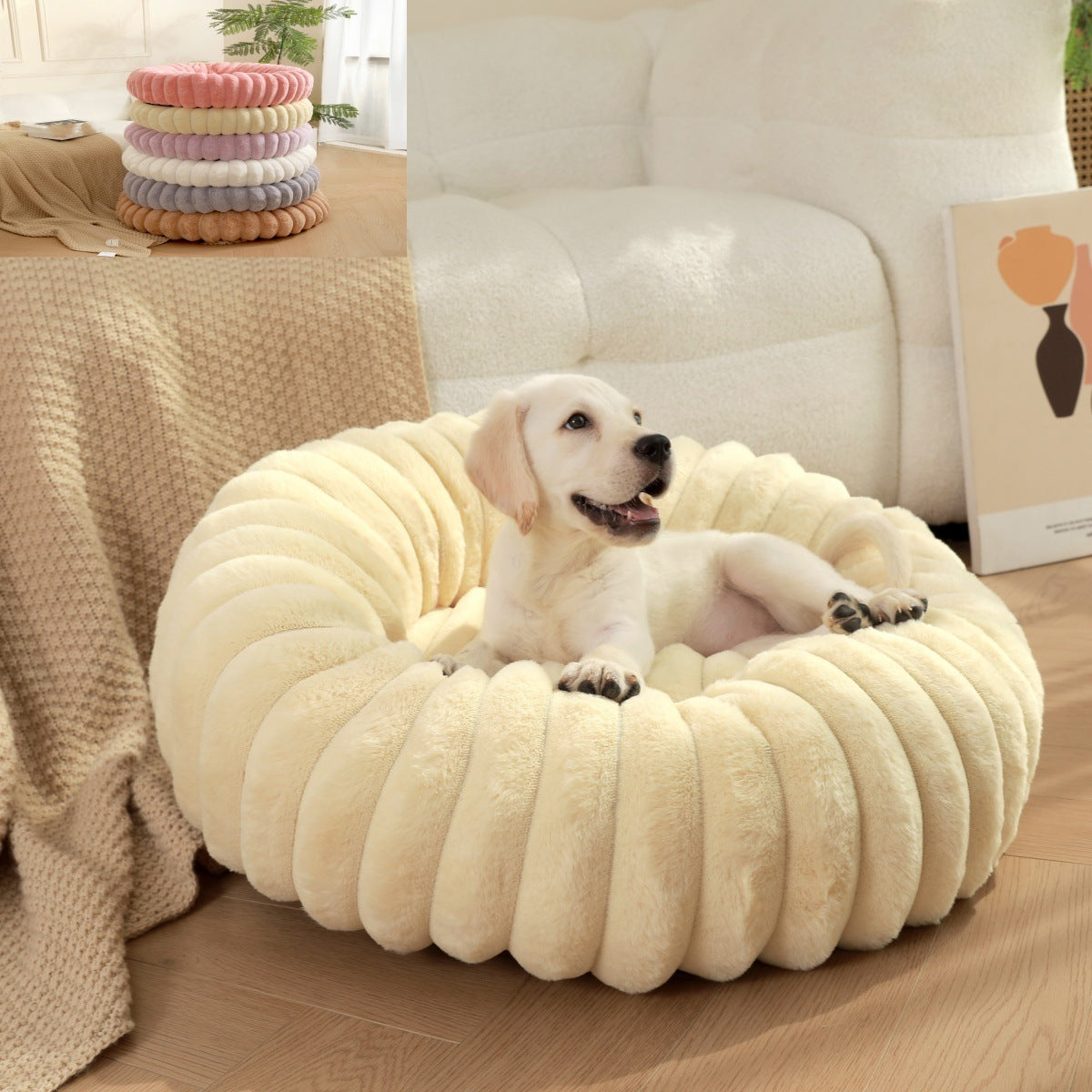 Warm Plush Round Pet Nest Bed With Thick Cushion