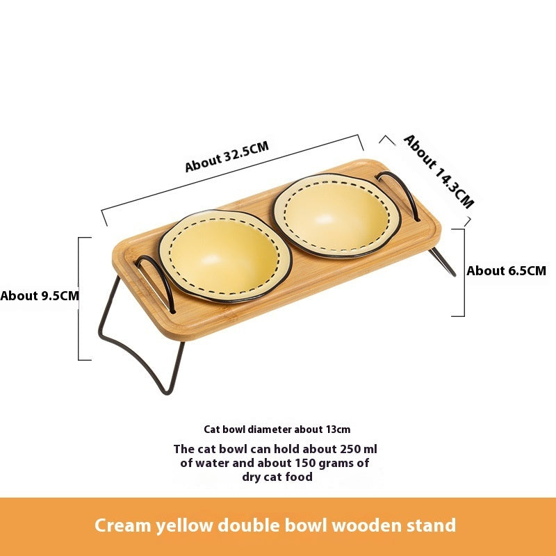 Multi Functional Wooden Pet Feeding Rack With Ceramic Bowl Set