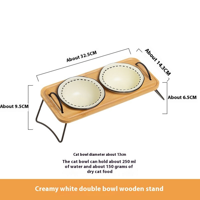 Multi Functional Wooden Pet Feeding Rack With Ceramic Bowl Set