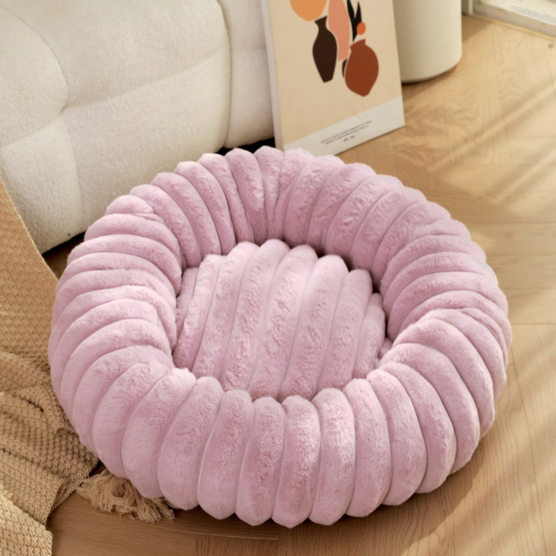 Warm Plush Round Pet Nest Bed With Thick Cushion