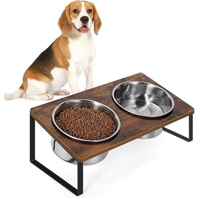 Iron Wood Pet Feeding Rack With Integrated Bowl Stand Set