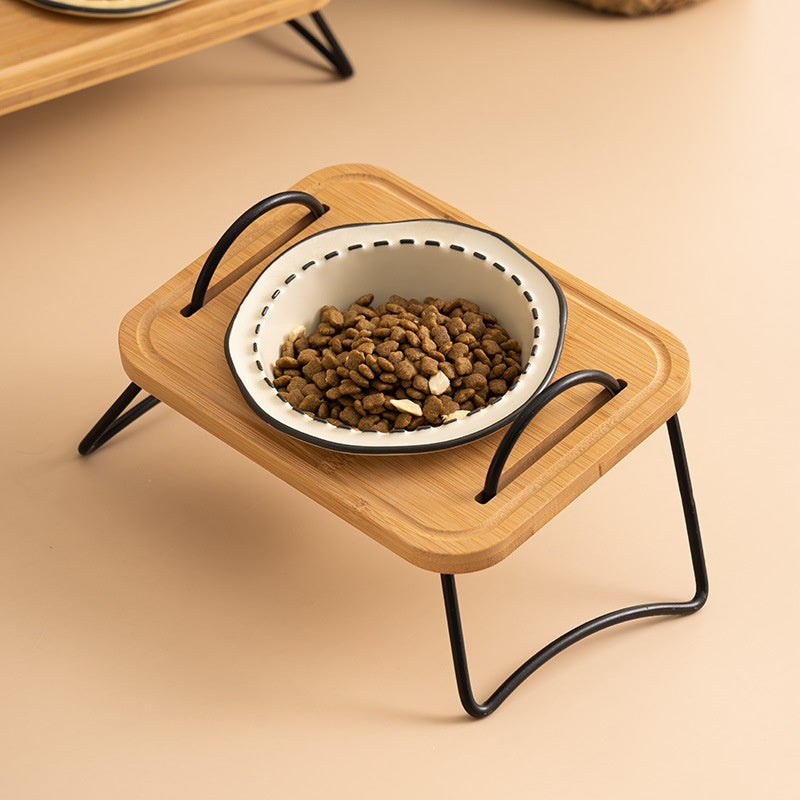 Multi Functional Wooden Pet Feeding Rack With Ceramic Bowl Set