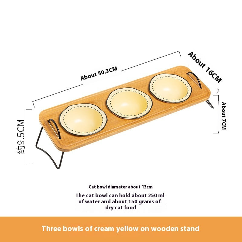 Multi Functional Wooden Pet Feeding Rack With Ceramic Bowl Set