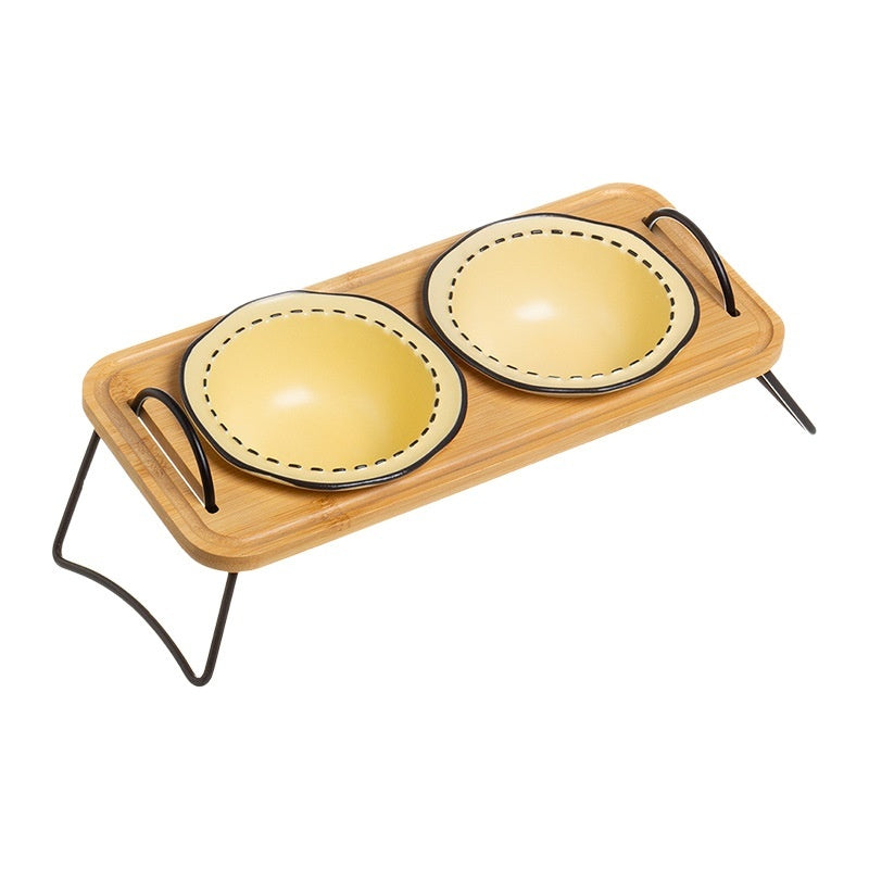 Multi Functional Wooden Pet Feeding Rack With Ceramic Bowl Set