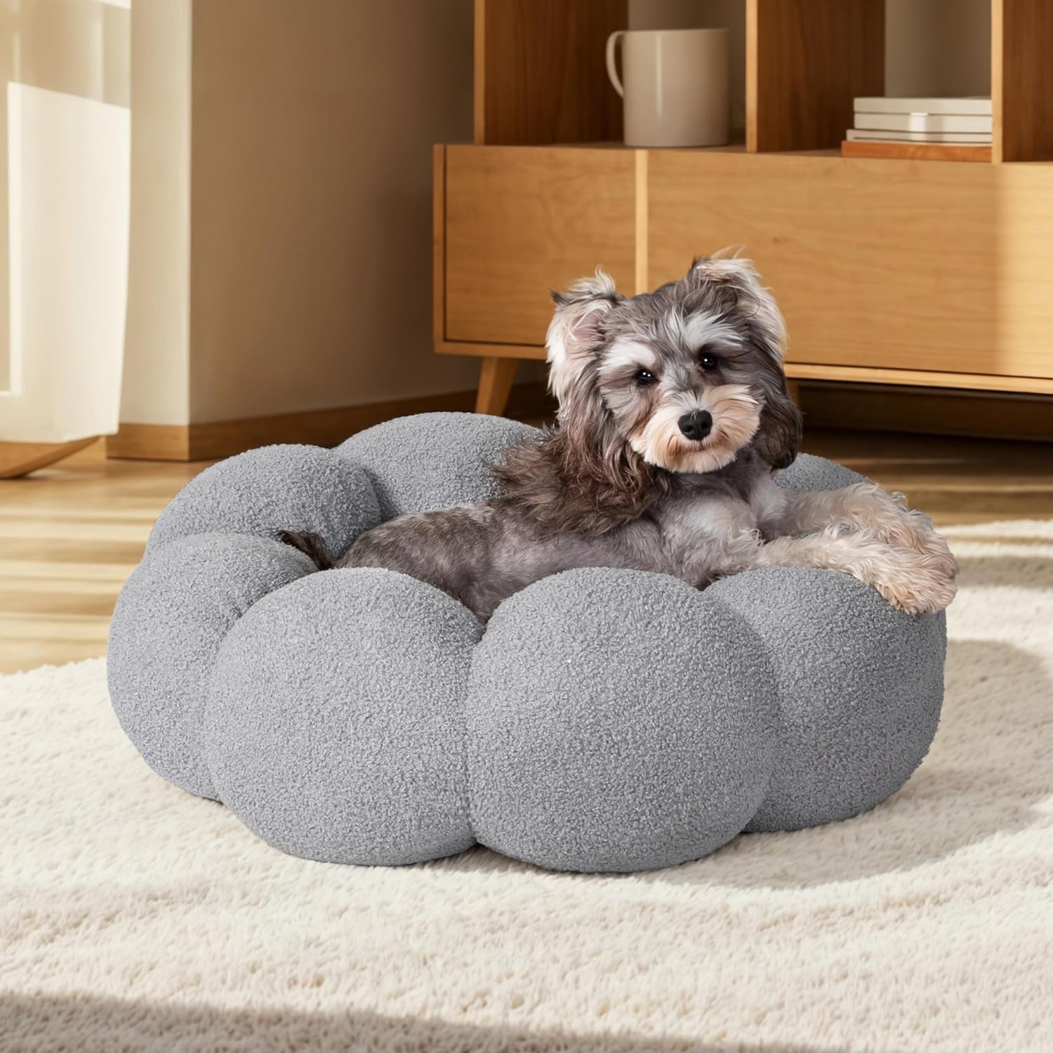 Fluffy Round Calming Plush Pet Bed With Non-Slip Base