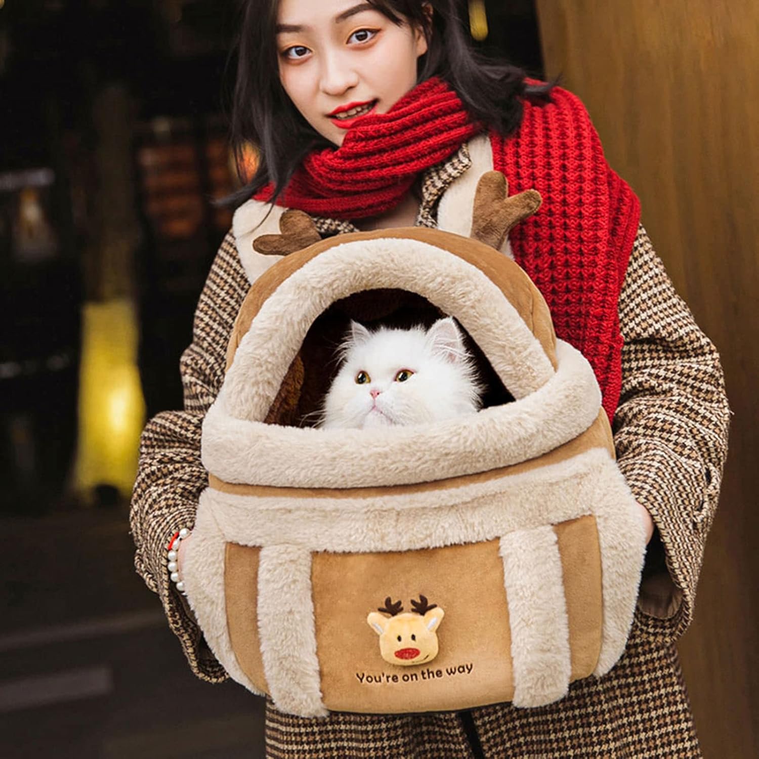 Plush Reindeer Style Pet Backpack Carrier With Hand Warmers