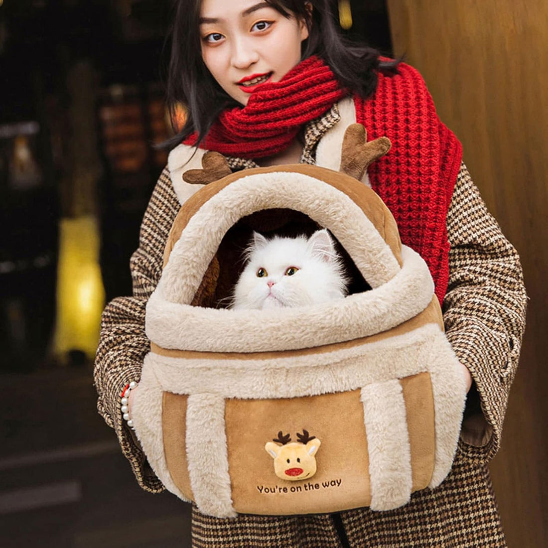 Plush Reindeer Style Pet Backpack Carrier With Hand Warmers