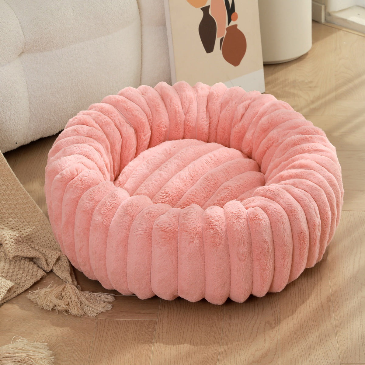 Warm Plush Round Pet Nest Bed With Thick Cushion