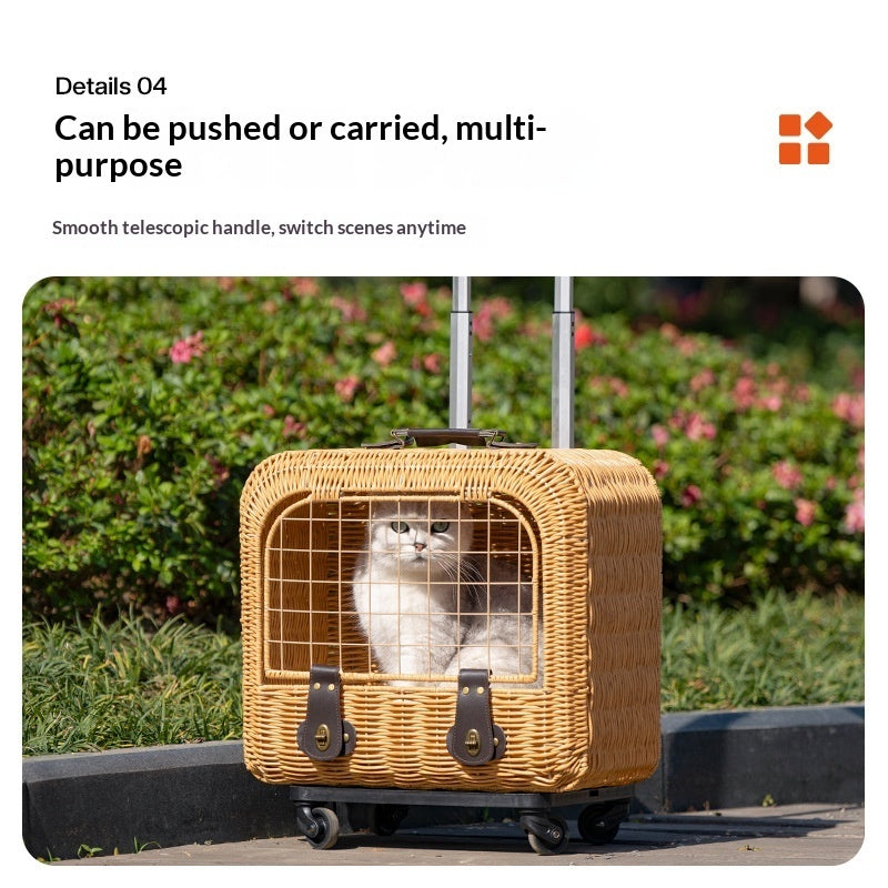 Portable Woven Rattan Carrier With Ventilation And Pull Handle For Outings