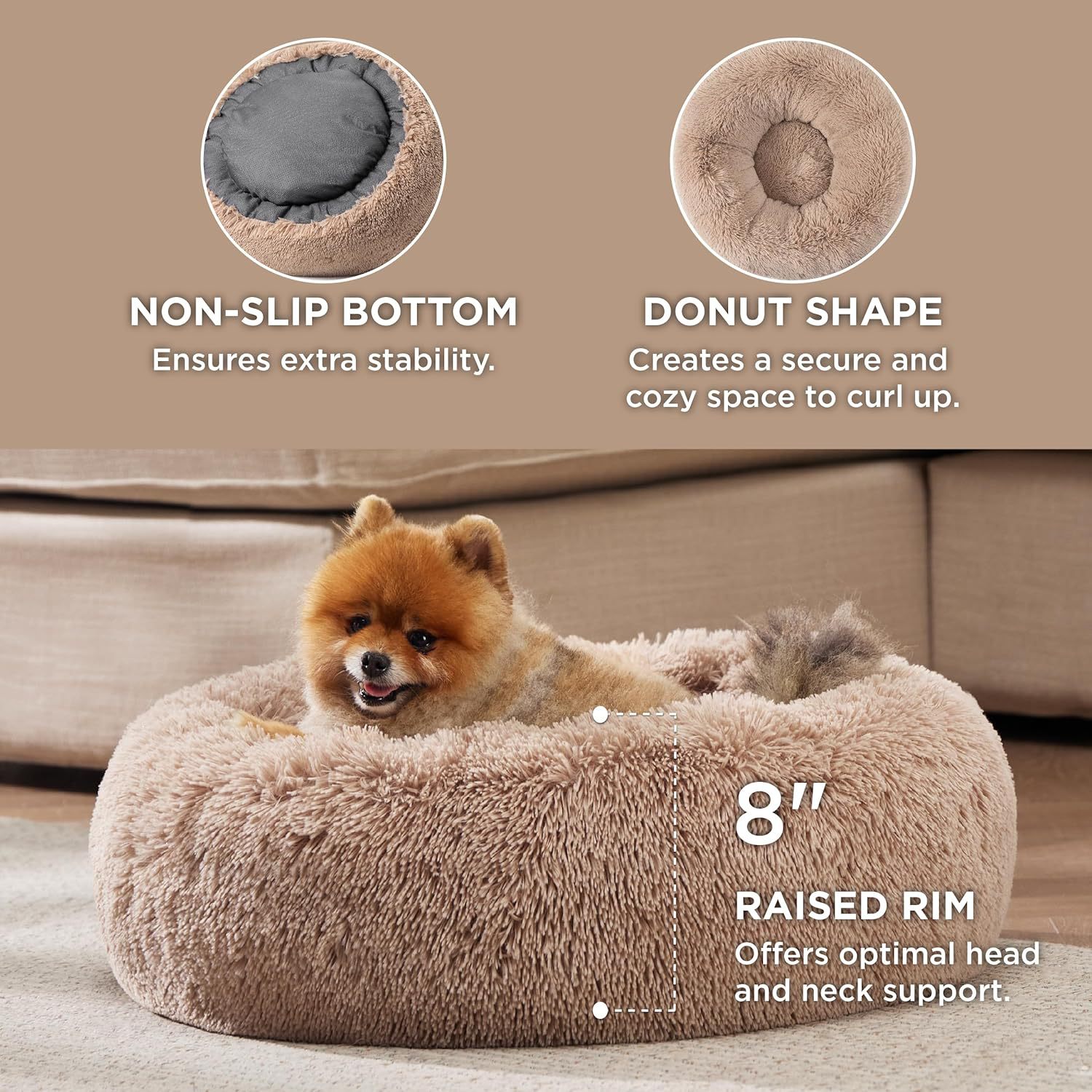 Non-Slip Solid Color Fluffy Round Pet Bed