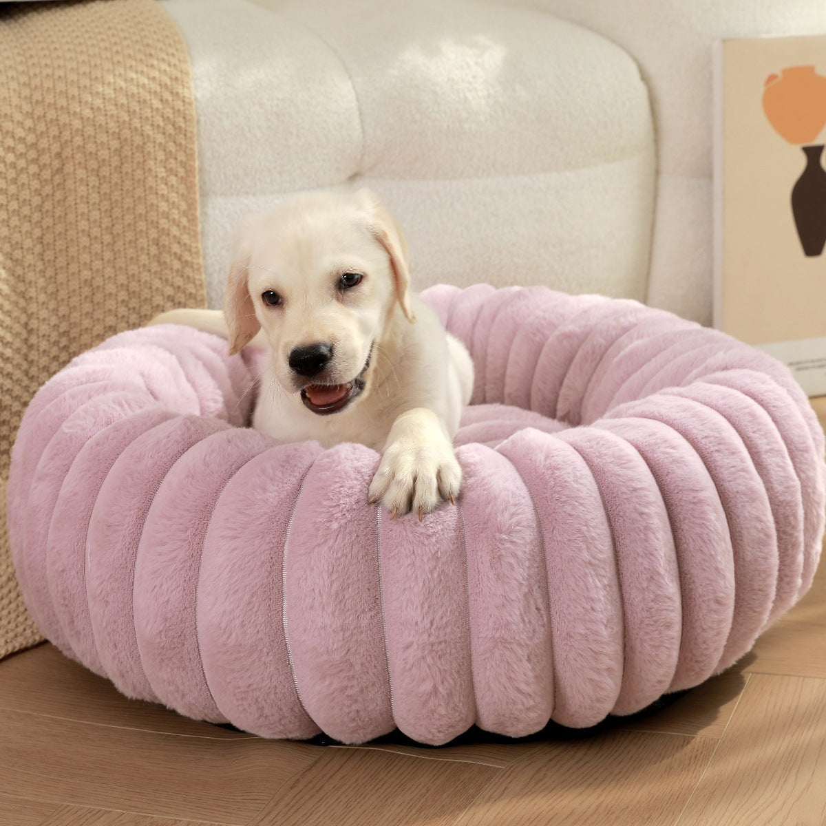 Warm Plush Round Pet Nest Bed With Thick Cushion