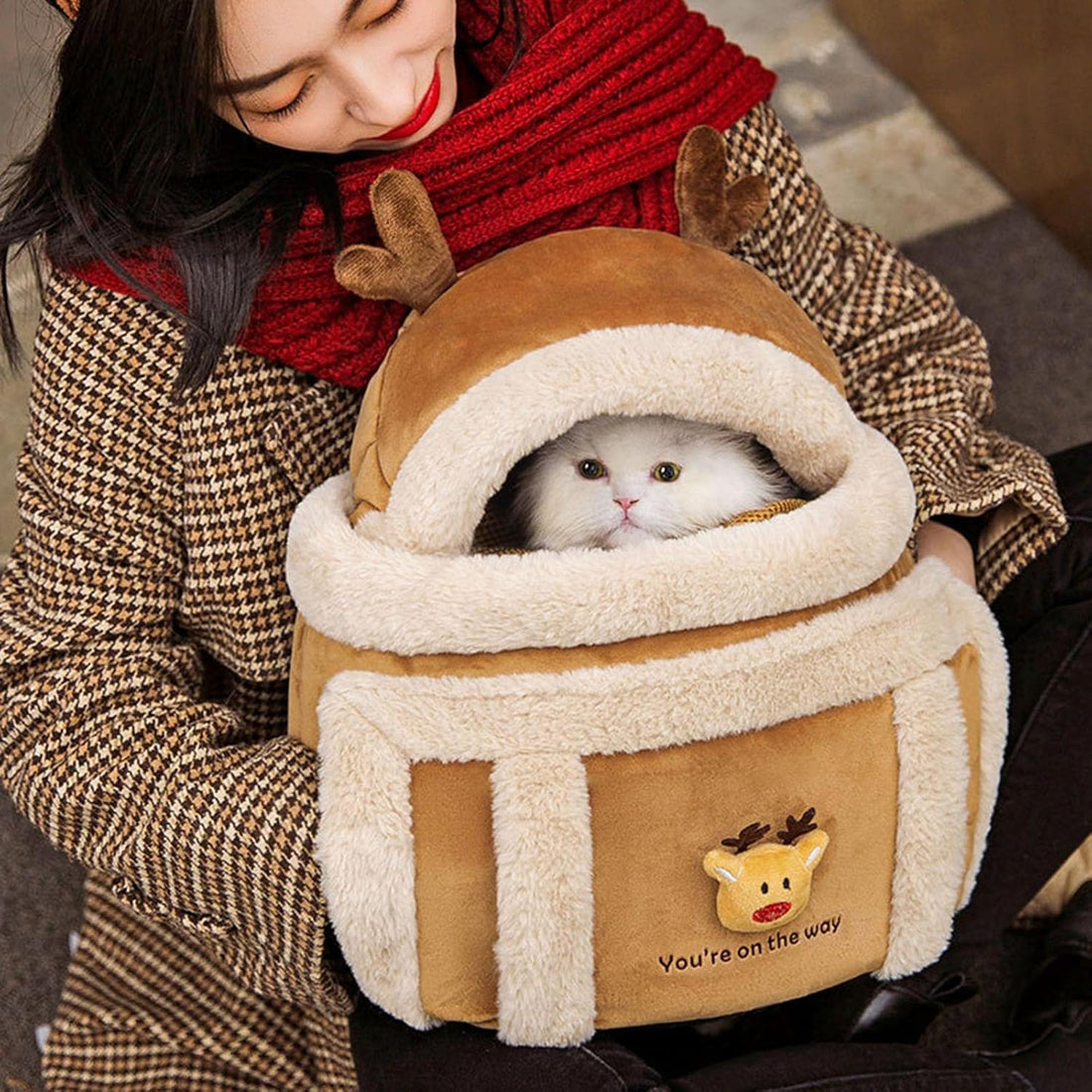Plush Reindeer Style Pet Backpack Carrier With Hand Warmers