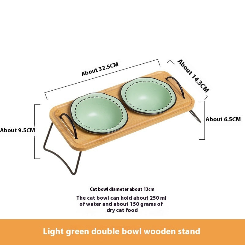 Multi Functional Wooden Pet Feeding Rack With Ceramic Bowl Set