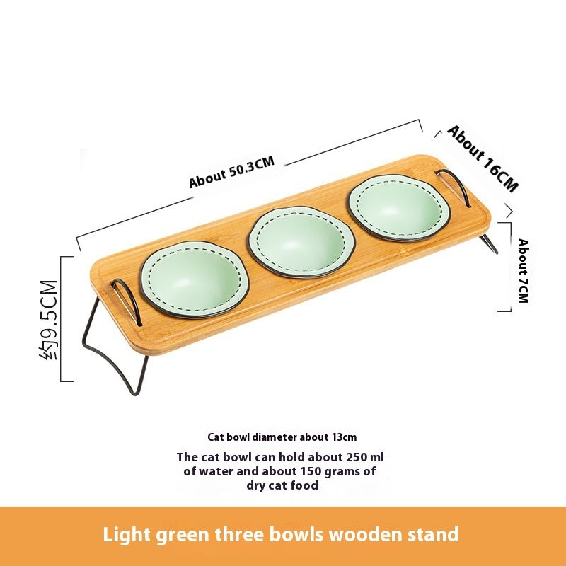 Multi Functional Wooden Pet Feeding Rack With Ceramic Bowl Set
