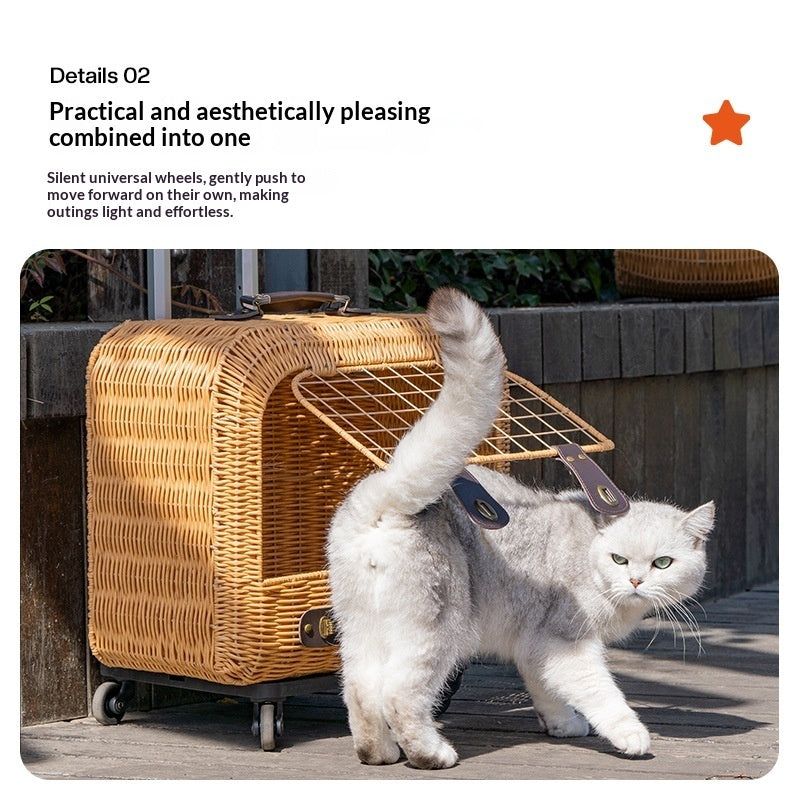 Portable Woven Rattan Carrier With Ventilation And Pull Handle For Outings